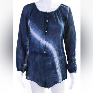 Love Shack Fancy Womens Tie Dye Button Front Puff Sleeve Romper Blue
